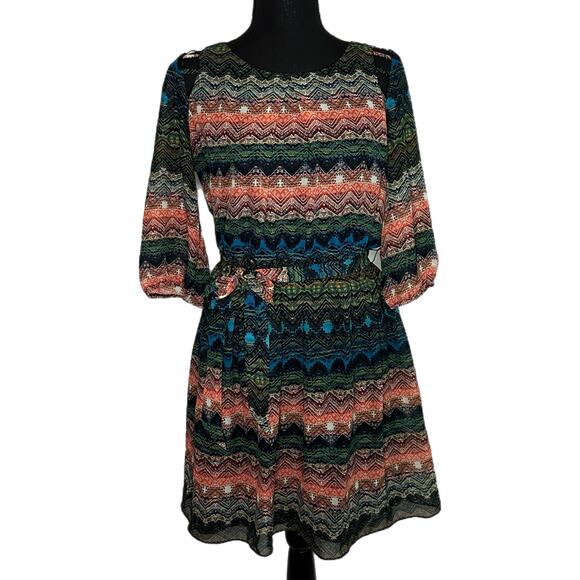 A. Byer Multi-colored Patterned Knee Length Dress with Belt, Medium, Pre-owned - Picture 1 of 7